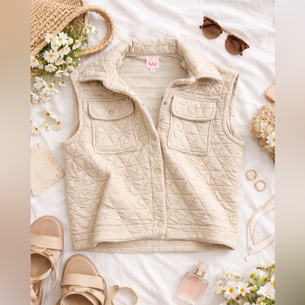 So Me Triangle Stitch Button Up Quilted Cream Vest - Size M EUC